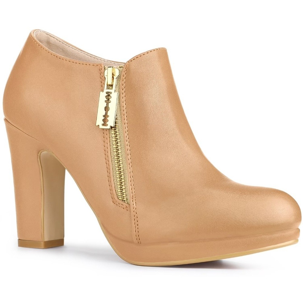 Womens Size 7.5 Nude Faux Leather Platform Ankle Booties Block Heel